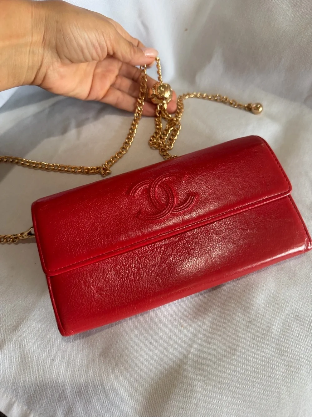 Authentic Chanel Red Lambskin Long Wallet CC Logo Series 26 w/ Added Chain